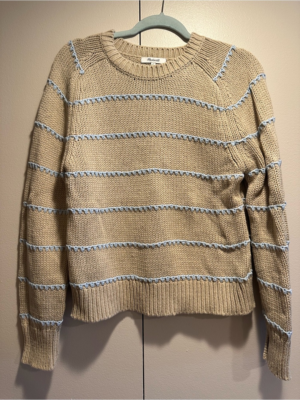 Madewell Beige Crewneck Sweater with Light Blue Trim
